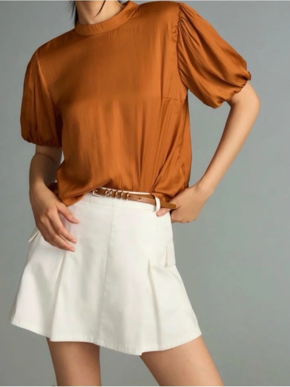 Anthropologie Amber Brown Puff Sleeve Mock Neck Blouse XS